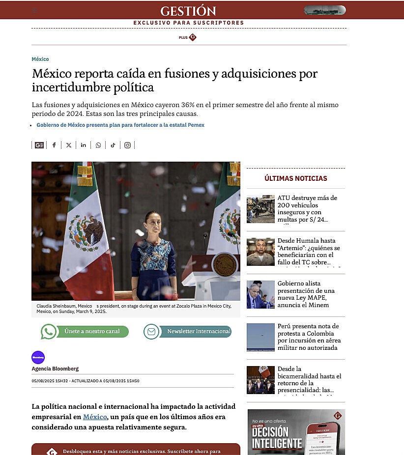 Mxico reporta cada en fusiones y adquisiciones por incertidumbre poltica
